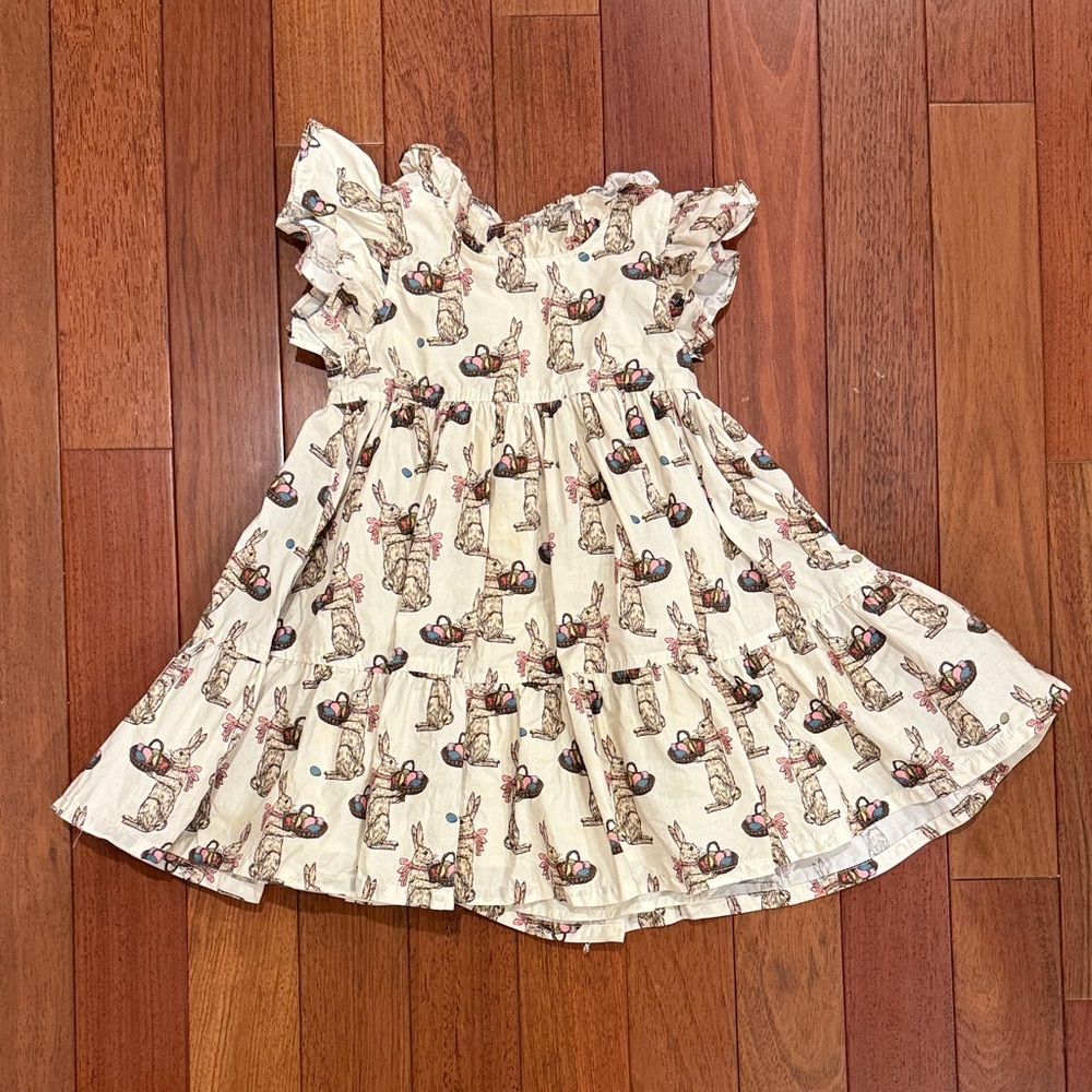 Pink Chicken EASTER Cream Ruffle Dress with Bunny & Floral Print, size 2